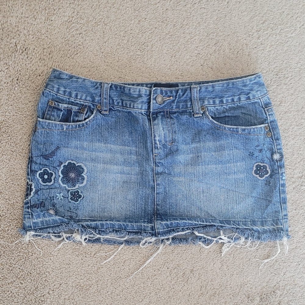 Denim Mini Skirt with Floral Embroidery